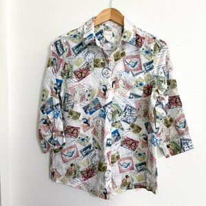 Chico's 100% Linen Stamp Floral Bird Print Shirt Size 0 Small Women 4/6